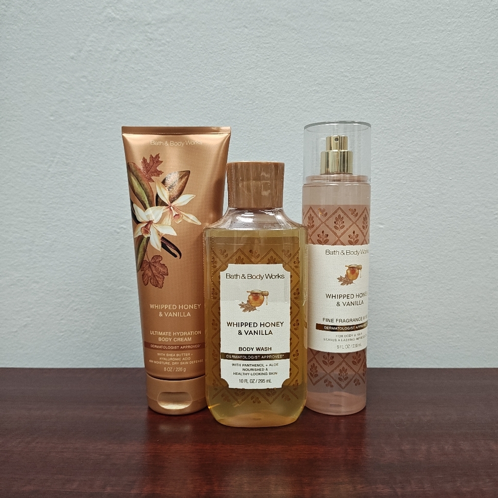 Bath & Body Works WHIPPED HONEY & Vanilla JAM 3 Piece Body Care Bundle Set